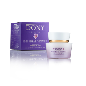 Съклен буркан с дневен крем за лице Imperial Velvet DAY CREAM на Dony Cosmetics и неговата премиум картонена опаковка.