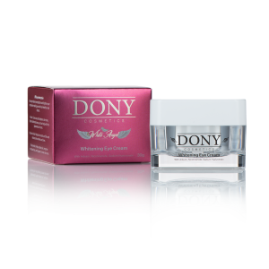 Избелващ околоочен крем White Angel от Dony Cosmetics, представен с нежни рози и бели камъни върху мек розов фон.