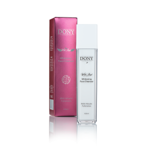 Избелваща почистваща пяна за лице White Angel от Dony Cosmetics – стилен флакон и розова опаковка с активни съставки Арбутин и Фулерени.