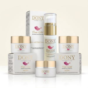 Комплект за лице Pure Gold от Dony Cosmetics с 24к злато: дневен, нощен, околоочен крем и серум.